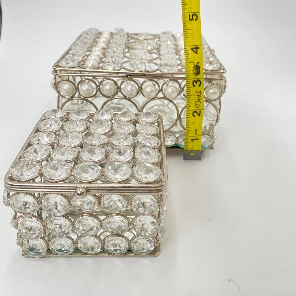 Set of 2 Crystal Rhinestone Beaded Jewelry Mirror Boxes‎ Silver Tone Hinged